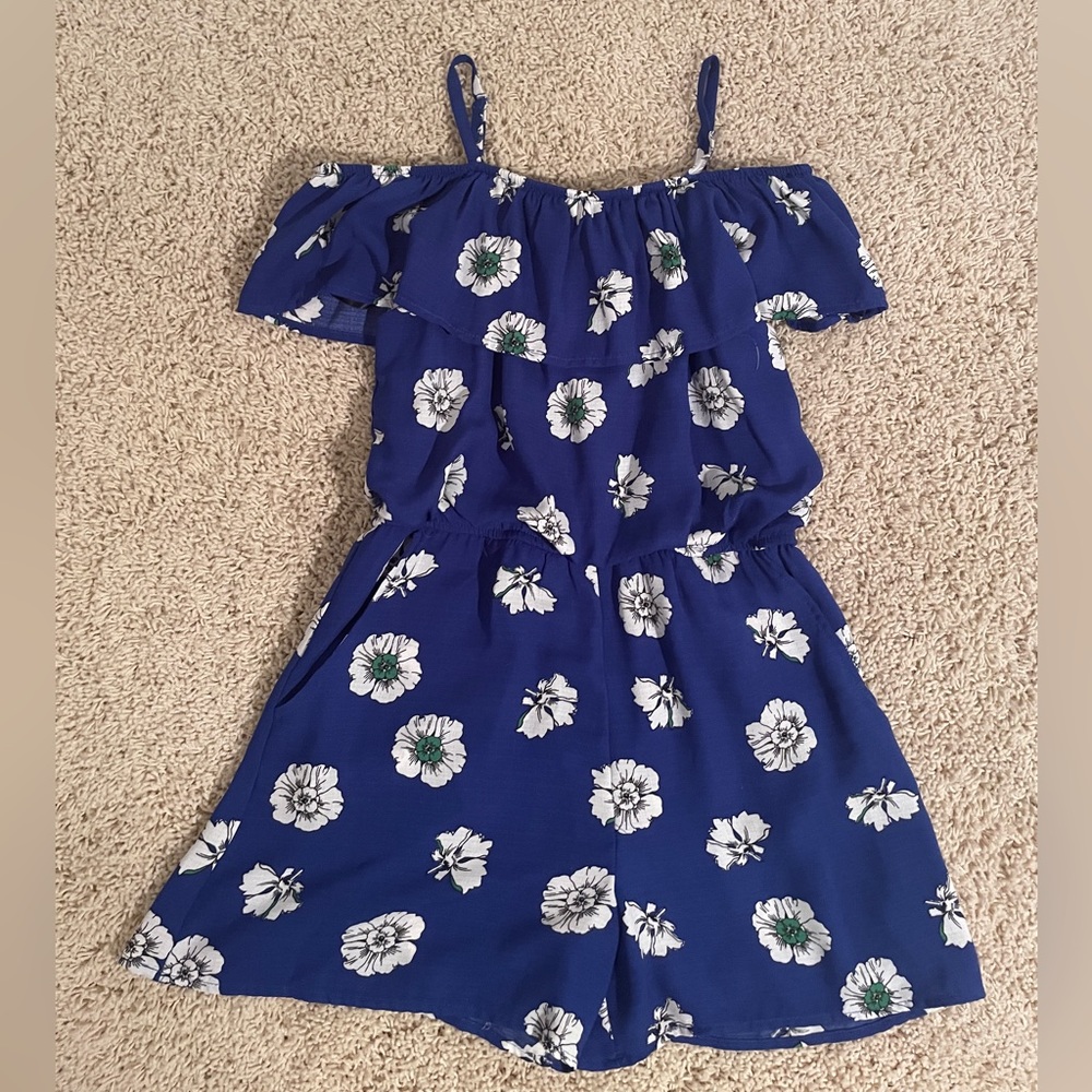 Girls blue with white flowers cold shoulder romper size 10-12